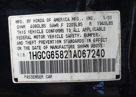 2001 Honda Accord 2.3 Ex z USA, uszkodzony, nr VIN 1HGCG65821A067240